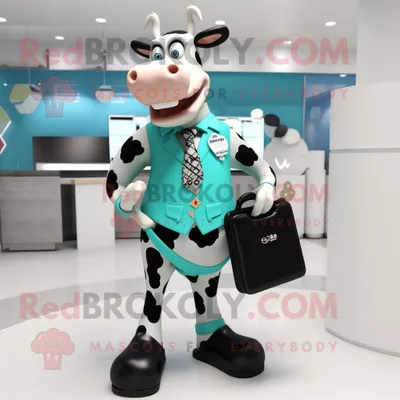 Imagen del producto de Personaje REDBROKOLY de traje de mascota Cyan Holstein Cow vestido con una camiseta gráfica y maletines