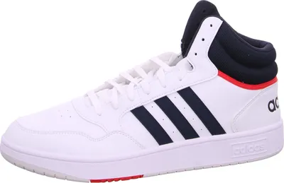 A white Adidas Hoops 3.0 MID high-top sneaker with navy blue stripes and accents.