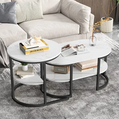A modern living room scene with a sectional sofa and a nested coffee table set.