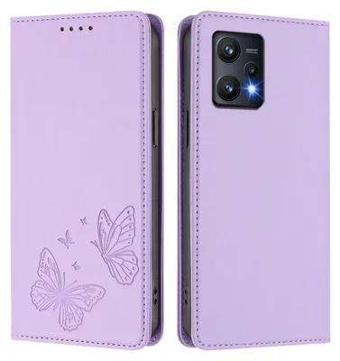 Produktbild von Lederhülle für Realme 9 Pro 5G, Schmetterling Prägung Leder Brieftasche Schutzhülle mit Ständer Violett