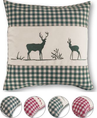 wometo Kissenhülle Zierkissen 40x40 OEKO-TEX - Landhaus-Stil Dekokissen Sofakissen Stick Hirsch grün kariert, Karo grün heller Hintergrund Reißverschluss