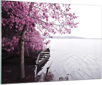 Produktbild von Bilder auf glas - Einteilig - See Rosa Bäume - 100x70cm - Glasbilder - Wandbilder - Bilder - zum Aufhängen bereit - Wanddekoration aus Glas - Glas Bilder - Wandbild auf Glas - GAA100x70-4147