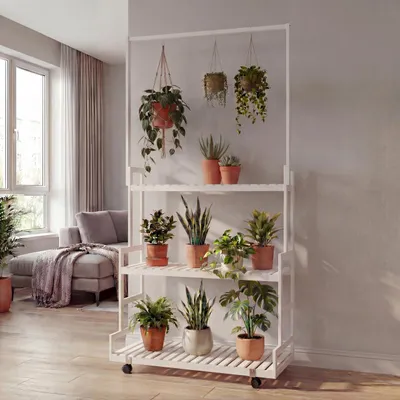 Immagine prodotto di Scaffale per piante in bambù HWC-Q33, scala per fiori, supporto per fiori, scala per piante, asta, 3 ripiani, rotelle, 175x93x38 cm ~ bianco