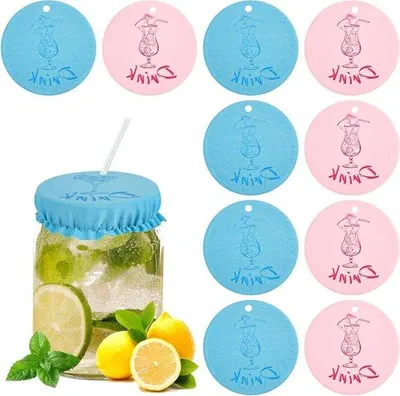 Imagen del producto de Tapas reutilizables para vasos, paquete de 10, en color rosa y azul claro, con pajita
