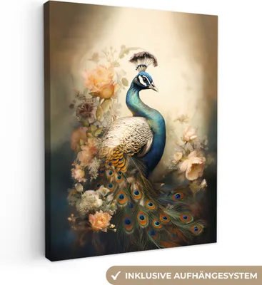 Produktbild von MuchoWow® - Leinwandbilder - Pfau - Pfauenfedern - Blumen - Botanisch, Wandbild, Wanddeko Bilder Wohnzimmer, 60x80 cm
