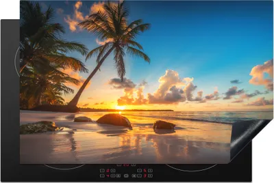 Produktbild von KitchenYeah© Herdabdeckplatte Strand - Meer - Palme - Sonnenuntergang , 81x52cm, Küche Deko, Glaskeramikkochfeld Herdabdeckung, Abdeckplatte fùr Kochfeld