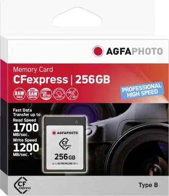 Obrázek produktu pro AgfaPhoto CFexpress Professional, 256 GB, CFexpress, NAND, 1700 MB/s, 1200 MB/s, Odolnost proti chladu, Odolné vůči teplu, Odolný proti nárazům, Odolnost vůči rentgenu