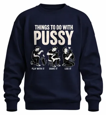 Imagen del producto de Sudadera con estampado "Pussy Lustig Katze", diseño sarcástico, color azul marino, talla XL