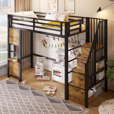 Produktbild von Metall-Hochbett 90x200 cm Kinderbett mit Treppenregal & LED-Beleuchtung, Stabiles Jugendbett mit Stauraum & Rausfallschutz, Inkl. Lattenrost, Schwarz
