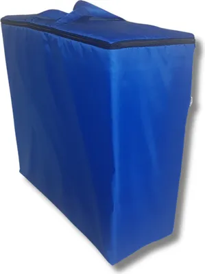 A blue storage bag for a folding mattress.