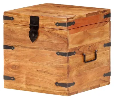 Produktbild von Massive Akazienholztruhe mit Schloss – Aufbewahrungsbox und Nachttisch 40x40x40cm