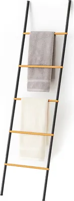 Produktbild von Relaxdays Handtuchleiter, Bambus & Eisen, HBT: 164x45x2 cm, Dekoleiter 5 Sprossen, Handtücher & Kleidung, schwarz/natur