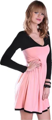 Produktbild von Damen Kleid Dress Glockenschnitt Skaterkleid Langarm Minikleid 2 farbig;S/M Lachs/Schwarz