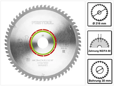 Productafbeelding van Festool speciaal cirkelzaagblad HW 216 x 30 x 2,3 mm WZ/FA60 216 mm 60 tanden ( 500123 )