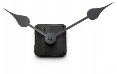 A close-up shot of a black clock mechanism with two dark gray clock hands, set against a plain white background.