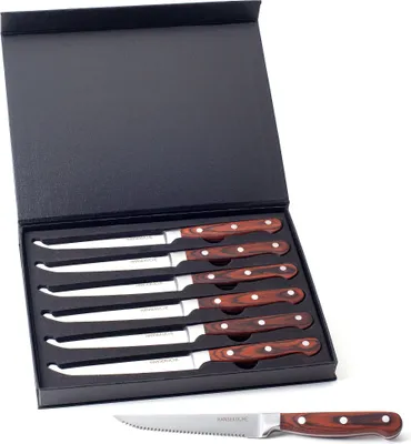 Produktbild von Hanseküche Steakmesser Set – 6X Hochwertige Steakmesser mit Holzgriff – Edles Besteck Set aus rostfreiem Spezialklingenstahl mit Wellenschliff und Geschenkbox