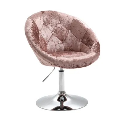 A plush pink velvet swivel chair with a chrome base on a white background.