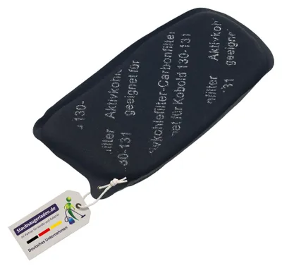A black filter with text on it, attached to a white tag with a logo and text, on a white background.