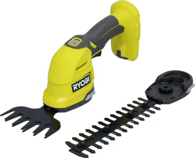 A cordless garden shear and a hedge trimmer attachment are displayed on a white background.