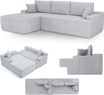 Produktbild von Juskys Sofa Coredo - Hellgrau, moderne Couch aus Cord mit Kissen, Ottomane links