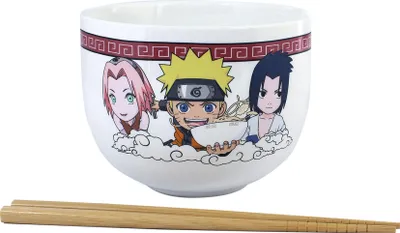A Naruto Shippuden themed ramen bowl with chopsticks, featuring cartoon characters.