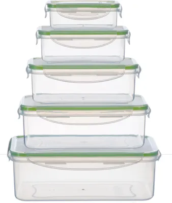 A stack of five clear plastic food storage containers with green lids, arranged in descending size from bottom to top.
