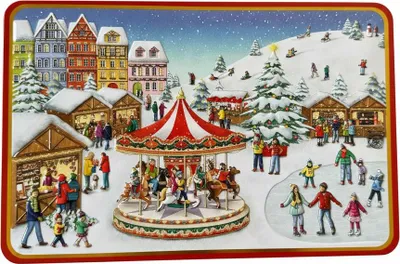 Produktbild von Pop-Up XL Blechdose Winter Wonderland 27,5 cm x 18 cm x 8 cm, lebensmittelecht, Winter-Edition mit Backrezept