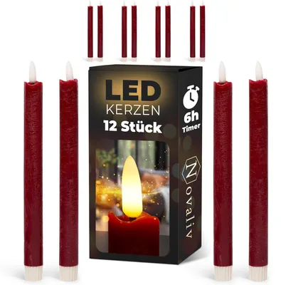 Imagen del producto de Velas LED con temporizador, color rojo, 12 unidades, para uso interior. Duración: 6 horas. Fabricadas con cera real. Altura: 24 cm. Diámetro: 2,2 cm. Requieren 2 pilas AAA. Juego de 4 velas LED rojas (tres unidades), con llama móvil y luz