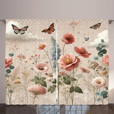 Produktbild von ARANDE Blumiger Eukalyptus Gardine, Frühlingsblühender Garten mit Blütenblättern und Schmetterlingen, 280 x 225 cm, Puder Rosa Warme Taupe Grün