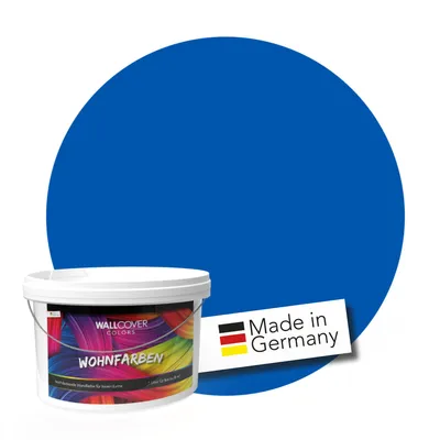 A bucket of blue paint with a colorful label and a 'Made in Germany' sticker, set against a large blue circle.