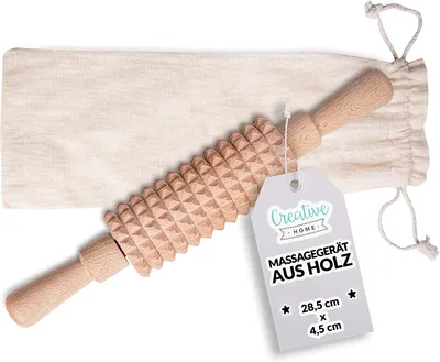 Produktbild von Creative Home Massageroller aus Natürlichem Buchenholz mit Griffen | 28,5 x 4,5 cm | Körperstraffung Anti-Cellulite-Wirkung haltbar | Perfekt zum Massieren Oberschenkel Bauches Gesäßes Arme und Füße