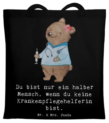 Produktbild von Mr. & Mrs. Panda Shopping Tasche Krankenpflegehelferin Herz - Schwarz - Geschenk, Einkaufstasche, Ausbildung, Tote Bag, Uni, Stoffbeutel, Witzig, Lustig, Schultasche