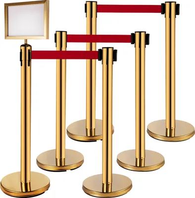 Produktbild von VEVOR Rungenpfostenabsperrungen, 4er-Set Linienteiler, Rungen aus Edelstahl mit 6,6 roten einziehbaren Gurten, Rungen mit einem Schildrahmen, 34,6 Warteschlangen-Sicherheitsrungen (Gold)
