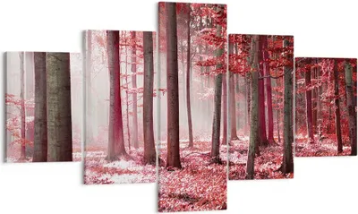 Produktbild von Bild auf Leinwand - Leinwandbild - 5 Teile - Wald Rot Bäume - 125x70cm - Wand Bild - Wanddeko - Wandbilder - Leinwanddruck - Bilder - Wanddekoration - Leinwand bilder - Wandbild - EA125x70-4944