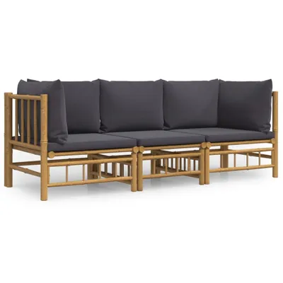 Produktbild von vidaXL 3-tlg. Garten-Lounge-Set mit Dunkelgrauen Kissen Bambus