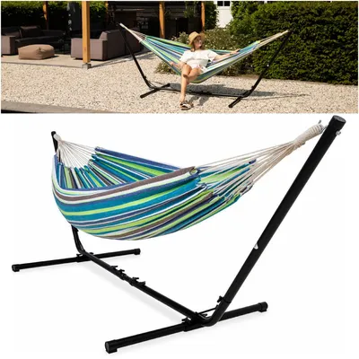 Immagine prodotto di Amaca con supporto, ideale per giardino e campeggio, con una capacità di carico fino a 205 kg