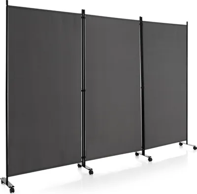 Produktbild von GOPLUS 3-teiliger Faltbarer Raumteiler, 180 cm Sichtschutz mit Metallrahmen und verschleißfestem Stoff, Paravent Trennwand mit Rollen Wohnzimmer & Büro (Grau)