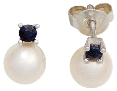Produktbild von Ohrringe Ohrstecker mit Süßwasser Perle & Saphir blau 585 Gold Weißgold Damen