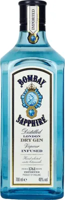 A bottle of Bombay Sapphire London Dry Gin.