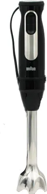 A black and silver Braun hand blender is shown against a white background.