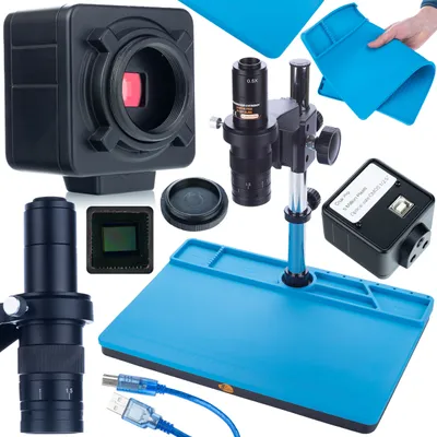 Produktbild von Rosfix Set Earth Pro MCEP-0.5X – Digitales Mikroskop mit Crux PRO 5MP HDMI-USB Kamera & Silikonmatte 380×260mm | 7–45x Zoom | C-Mount