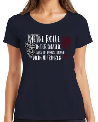 Zdjęcie produktu dla Koszulka damska "Moja rola: rodzina, dobre samopoczucie, wino, humor, miłośniczka wina", kolor granatowy, rozmiar XXL