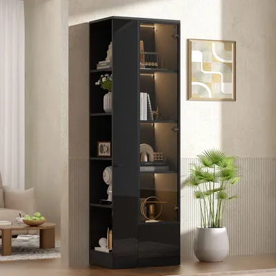 Produktbild von Merax Glasvitrine Sideboard, Vitrine mit Glastür und LED-Beleuchtung, Hochglanz Schrank mit Schublade und offenen Regalen, Stauraumschrank, Schwarz