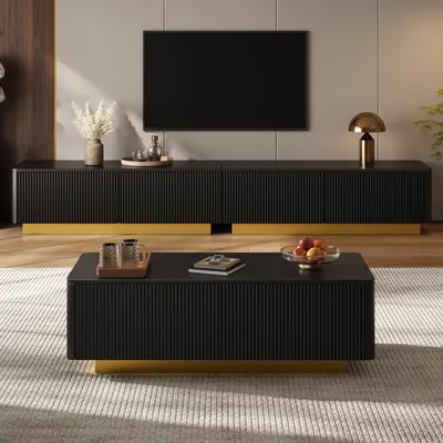Produktbild von Merax TV-Lowboard & Couchtisch Set, 2-teilig, Sofatisch mit geriffelte Fronten, TV Schrank mit Schubladen, modernes Wohnzimmermöbel aus MDF, Schwarz