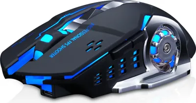 A black and blue gaming mouse with illuminated accents, shown from a side-angle on a white background.
