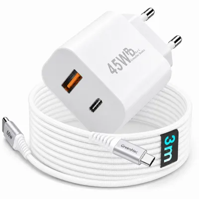 Produktbild von 45W USB-C & USB-A Schnellladegerät mit GaN-Technologie Netzteil für Handy, Samsung, iPad, iPhone | Charger Schnellladestecker - Ladegerät + 3m Kabel