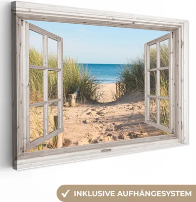 Zdjęcie produktu dla OneMillionCanvasses® - Obrazy na płótnie - 140x90 cm, Widok - Plaża - Morze - Wydmy - Piasek - Woda - Wysoka trawa, - Otwarte okno - Widok z okna Sypialnia Art Print Dekoracja ścienna - Zdjęcie na płótnie - Obraz