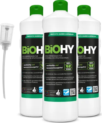 Produktbild von BiOHY Geschirrreiniger für gewerbliche Spülmaschinen (3x1l Flasche) + Dosierer | PHOSPHATFREI |Konzentrat für Gastronomie | strahlender Glanz durch herausragende Fettlöseformel