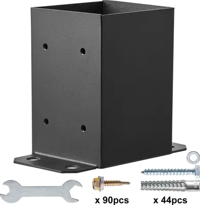 Immagine prodotto di SucceBuy Set di 10 basi per pali 101,6 x 101,6 mm, dimensioni interne 91 x 91 mm, robuste staffe di ancoraggio per pali verniciate a polvere, supporti per pali in legno nero opaco per parapetti di ponti a padiglione, piastra di base per ponti durevole