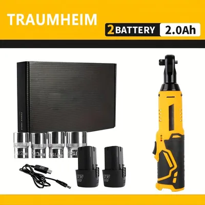 Produktbild von Akku-Ratschenschlüssel, 3/8 Zoll elektrische Ratsche, stufenloser Drehzahlregulierung, kabellose Ratsche mit 2x 2000mAh Akku, 4 Stecknüssen, LED-Licht